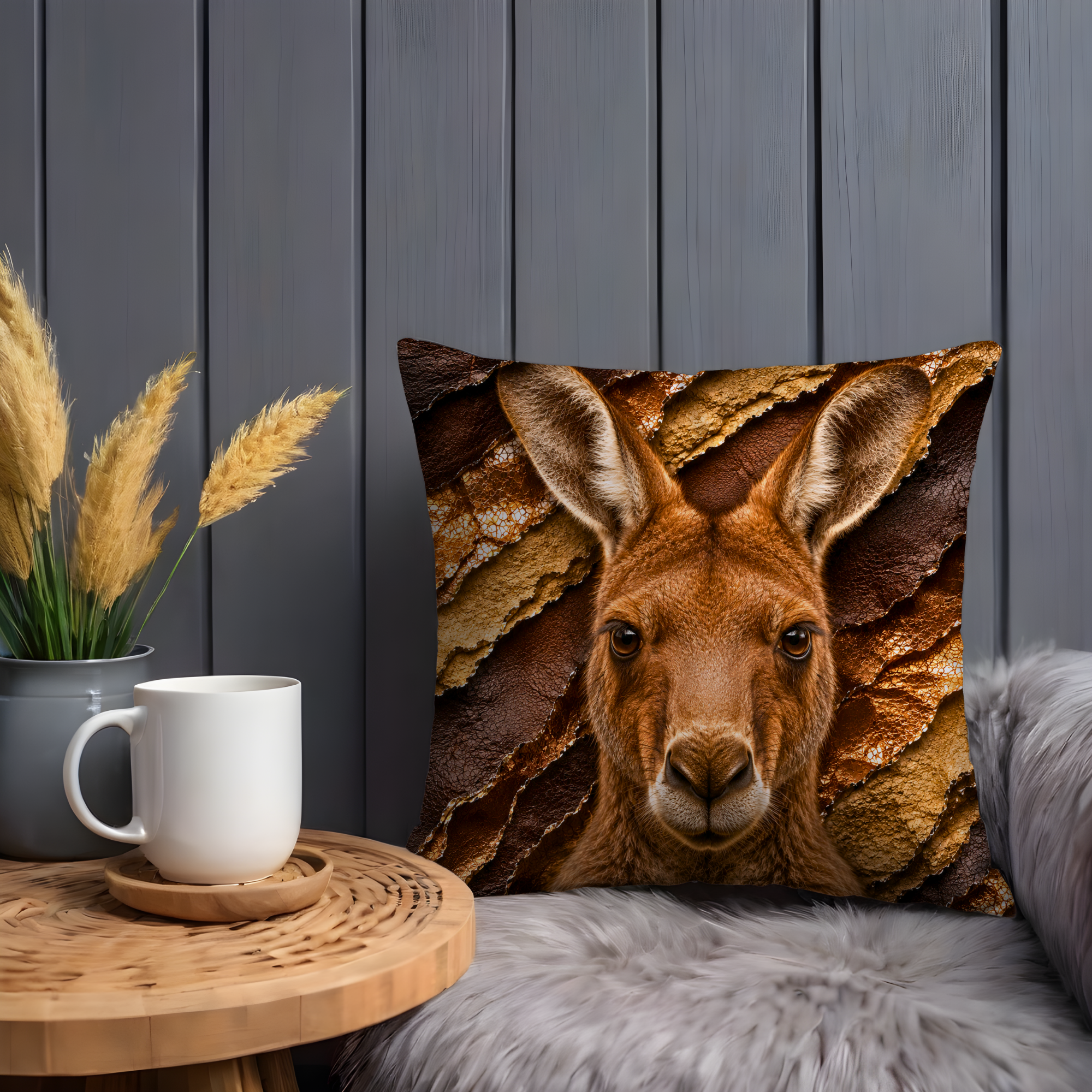 Kangaroo Portrait Pillow Cover | Majestic Wildlife Art | Gold Crackle Decor
