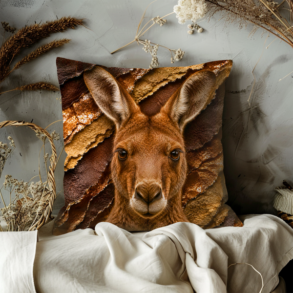 Kangaroo Portrait Pillow Cover – Majestic Wildlife Art | Gold Crackle Decor