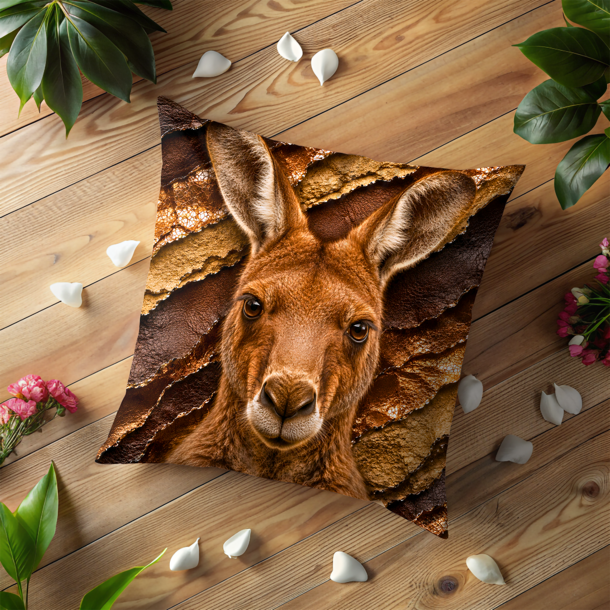 Kangaroo Portrait Pillow Cover | Majestic Wildlife Art | Gold Crackle Decor