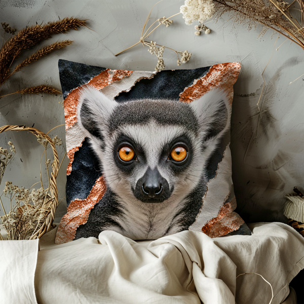 Lemur Portrait Pillow Cover – Exotic Wildlife Art | Gold Crackle Decor
