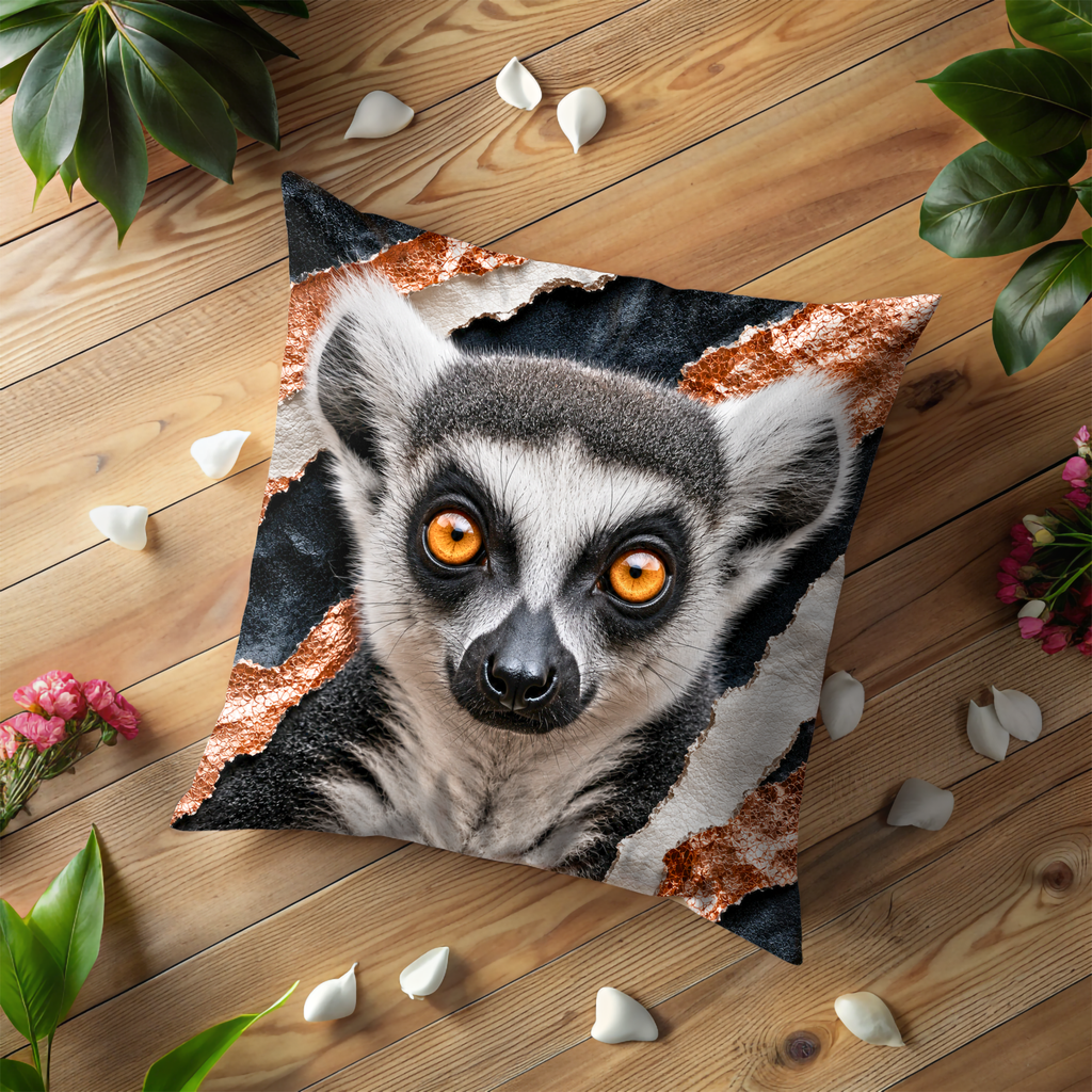 Lemur Portrait Pillow Cover | Exotic Wildlife Art | Gold Crackle Decor