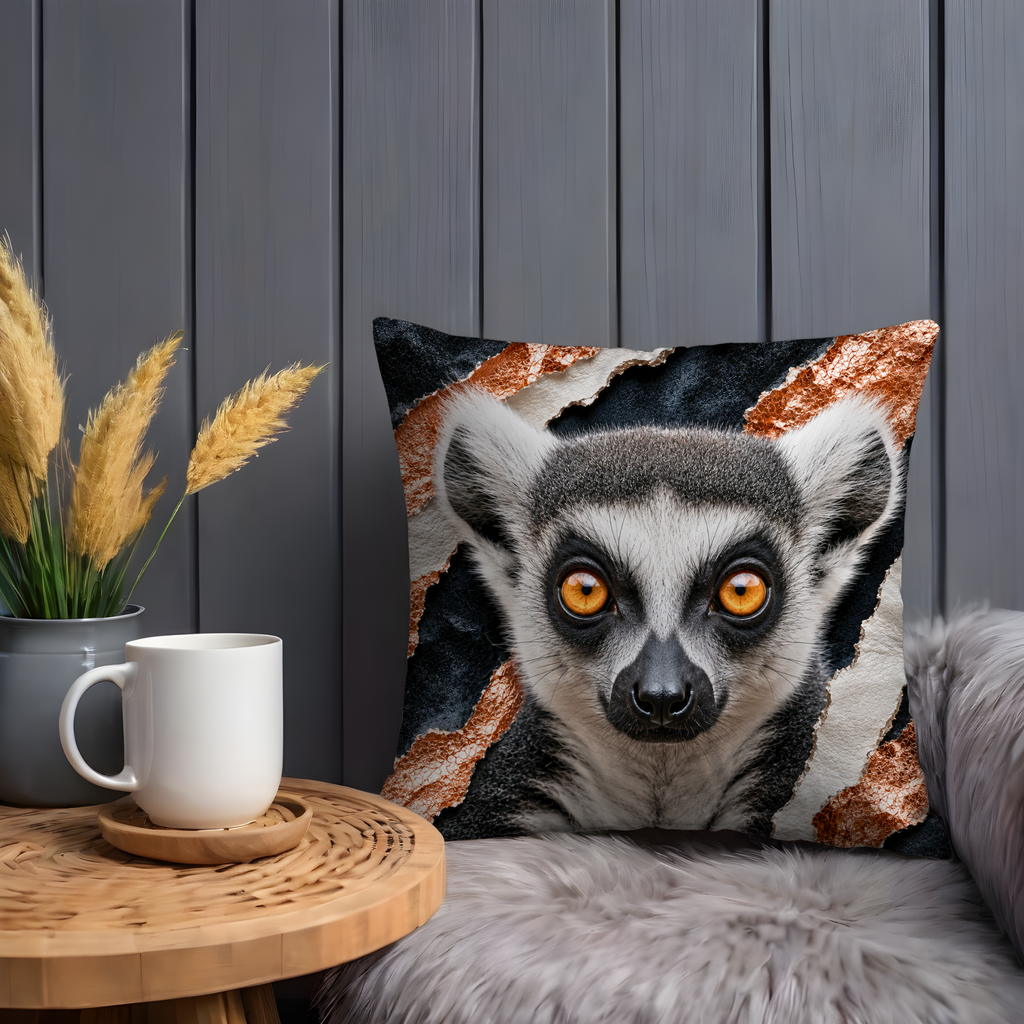 Lemur Portrait Pillow Cover | Exotic Wildlife Art | Gold Crackle Decor