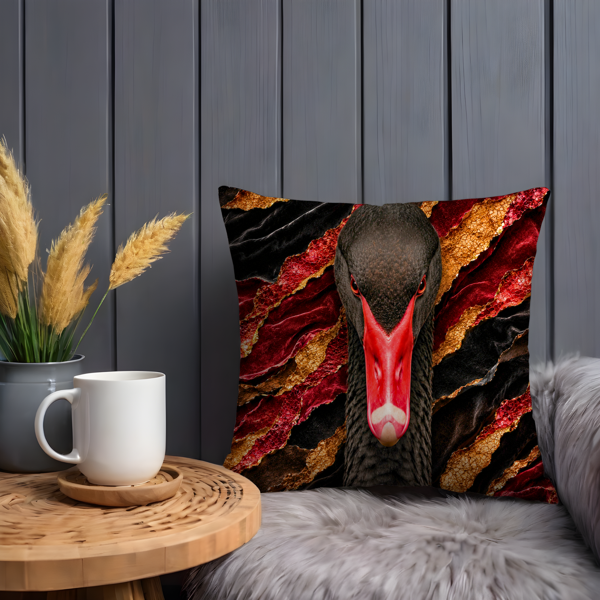 Black Swan Portrait Pillow Cover | Dramatic Wildlife Art | Gold Crackle Decor