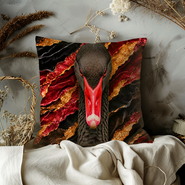 Black Swan Portrait Pillow Cover – Dramatic Wildlife Art | Gold Crackle Decor