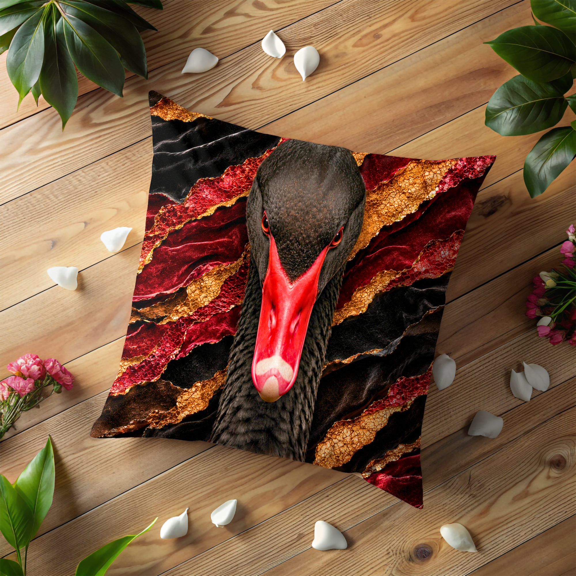 Black Swan Portrait Pillow Cover | Dramatic Wildlife Art | Gold Crackle Decor