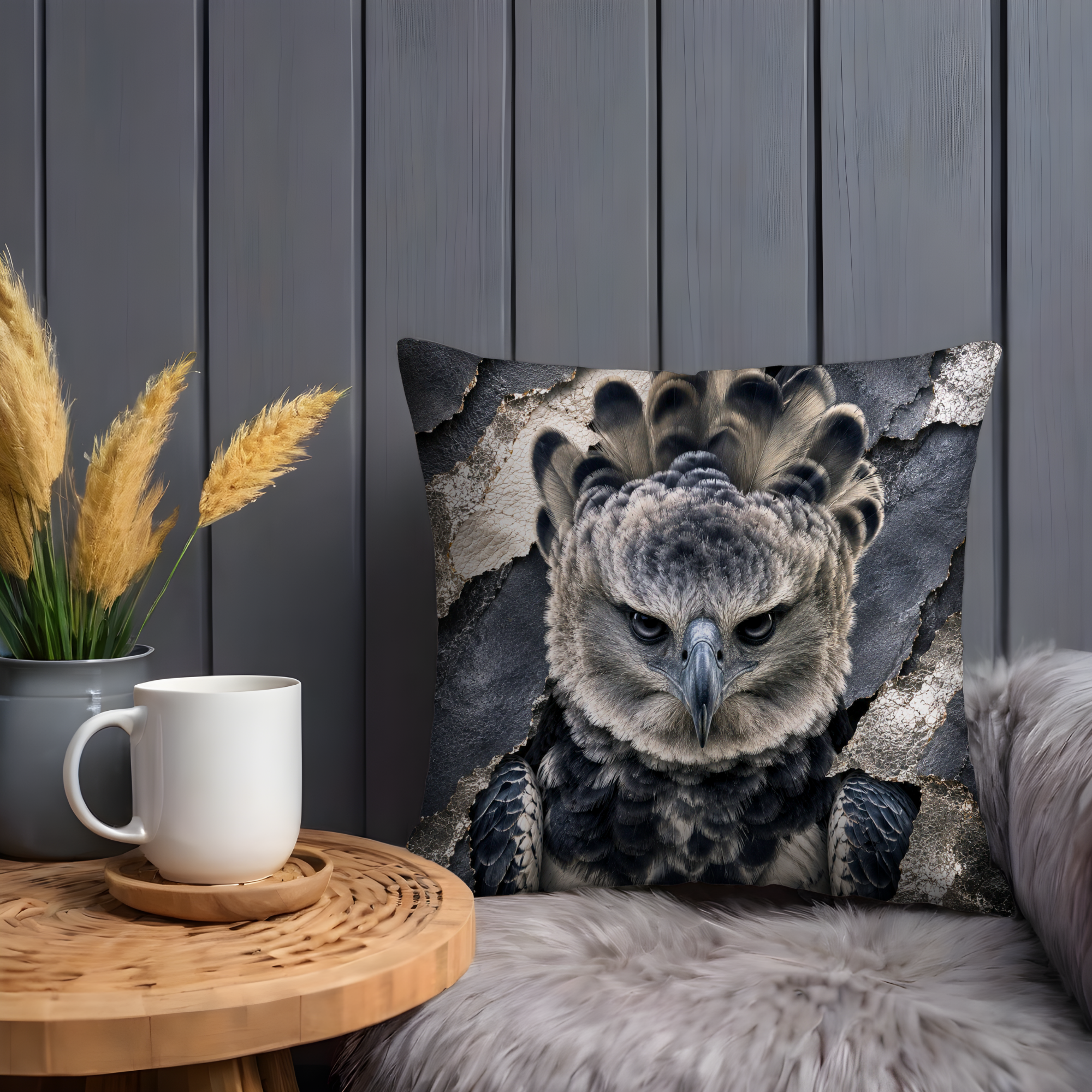 Harpy Eagle Pillow Cover | Majestic Raptor Art | Gold Crackle Decor