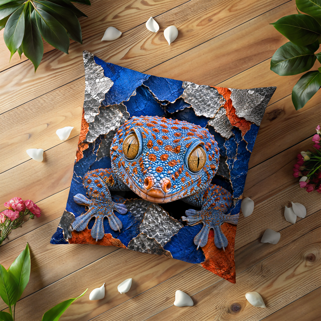 Blue Gecko Pillow Cover | Vibrant Reptile Art | Gold Crackle Decor