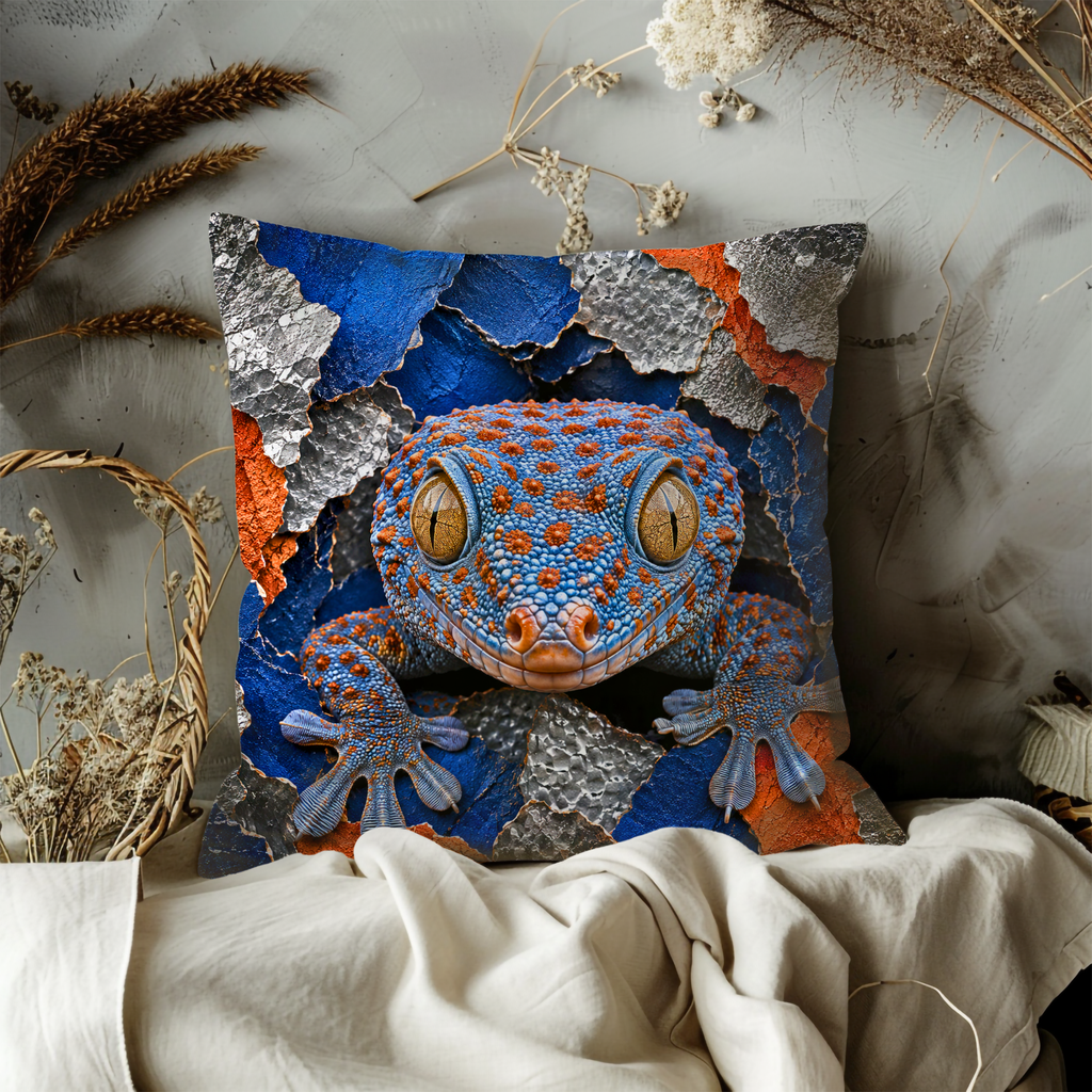 Blue Gecko Pillow Cover | Vibrant Reptile Art | Gold Crackle Decor