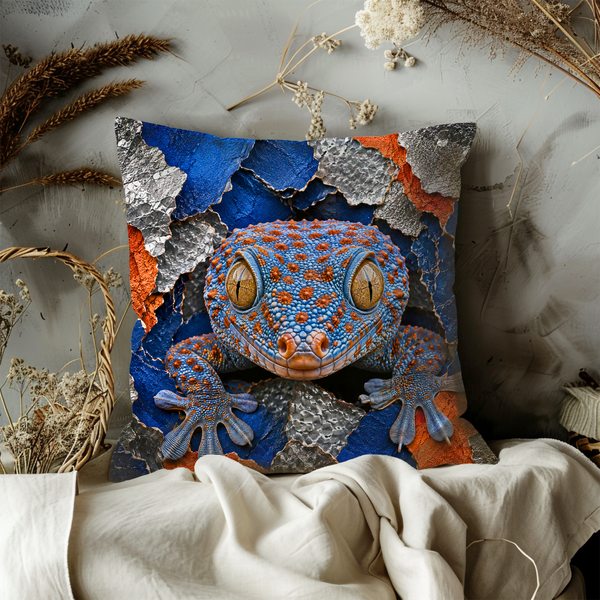 Blue Gecko Pillow Cover – Vibrant Reptile Art | Gold Crackle Decor