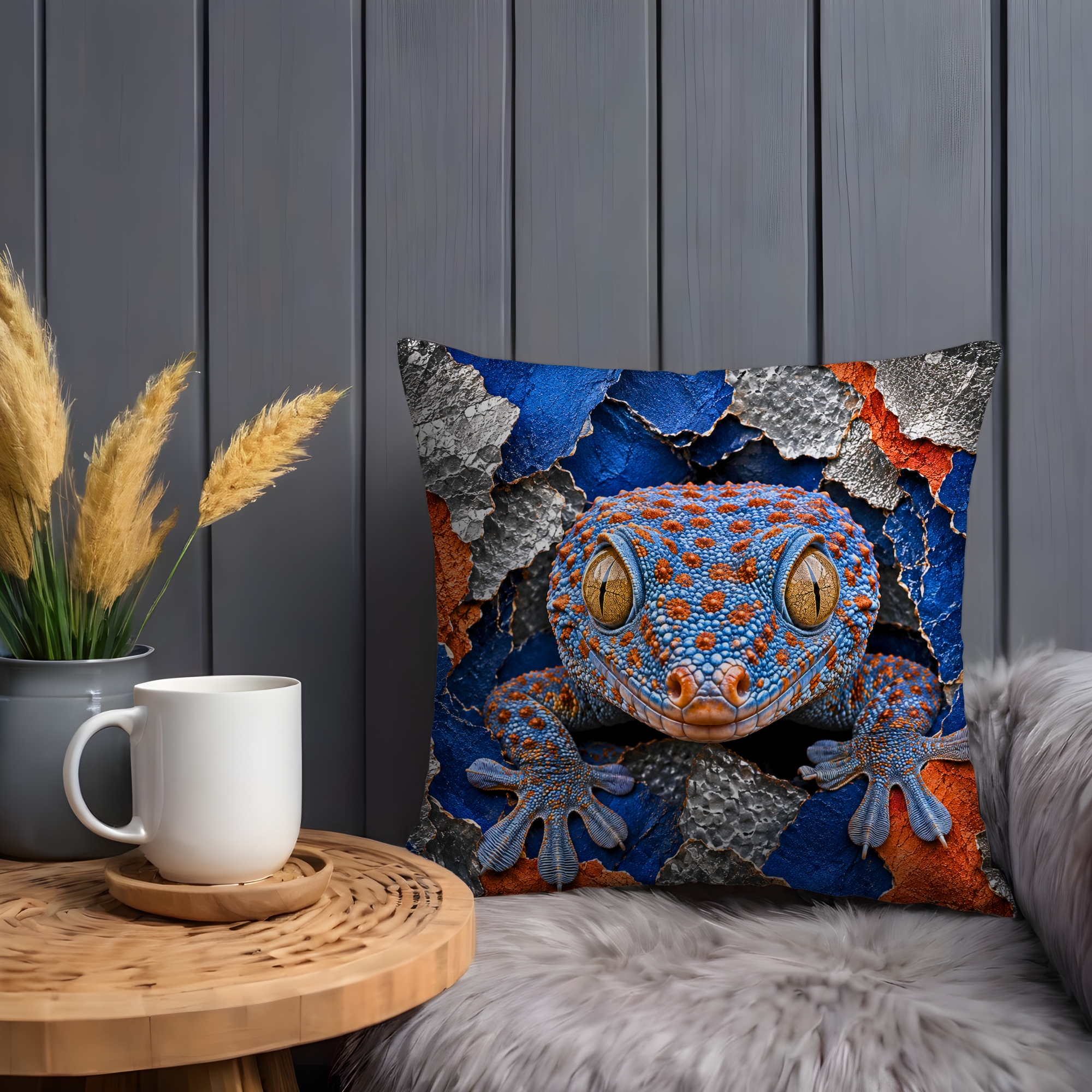 Blue Gecko Pillow Cover | Vibrant Reptile Art | Gold Crackle Decor