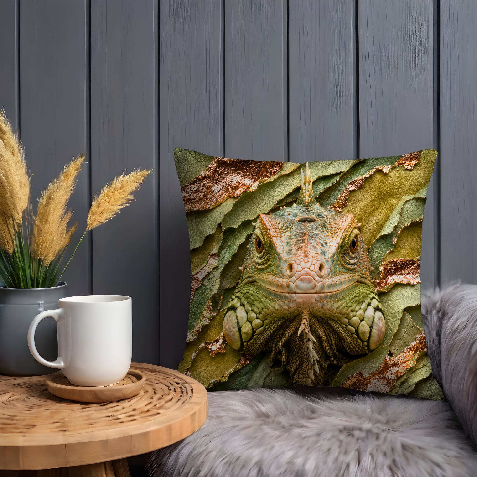Green Iguana Pillow Cover | Majestic Reptile Art | Gold Crackle Decor