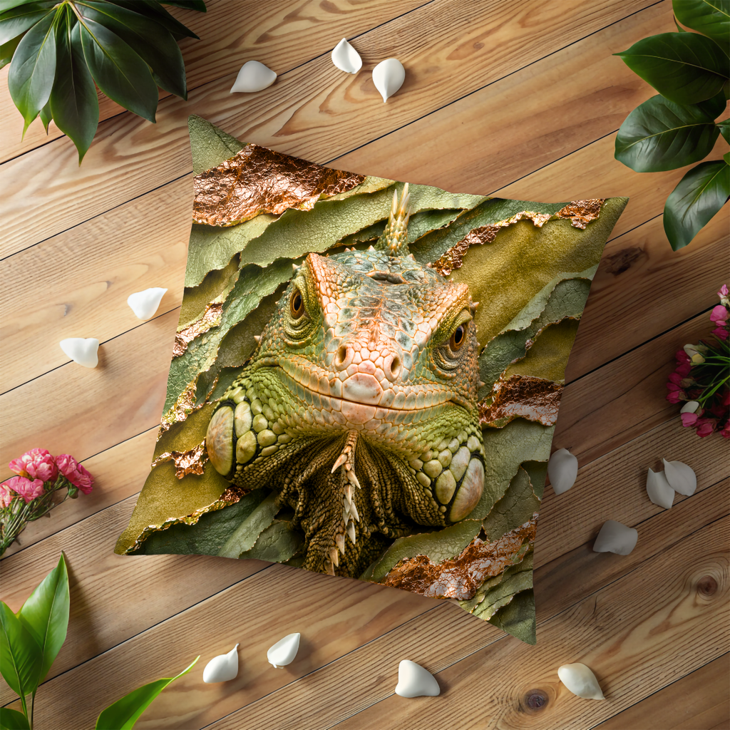 Green Iguana Pillow Cover | Majestic Reptile Art | Gold Crackle Decor