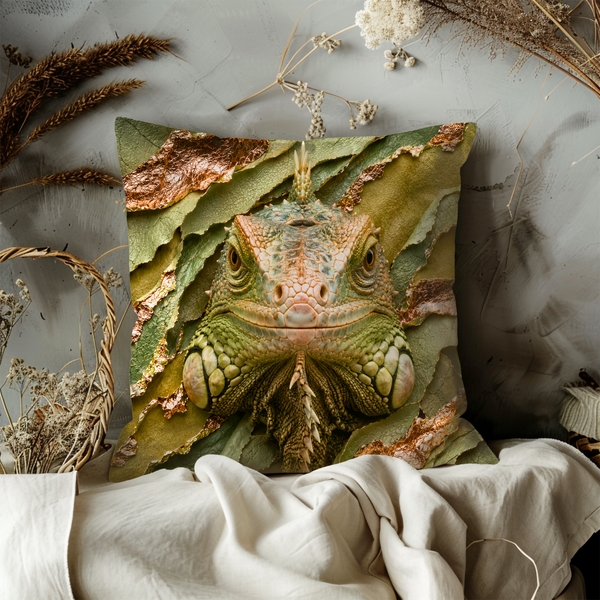 Green Iguana Pillow Cover – Majestic Reptile Art | Gold Crackle Decor