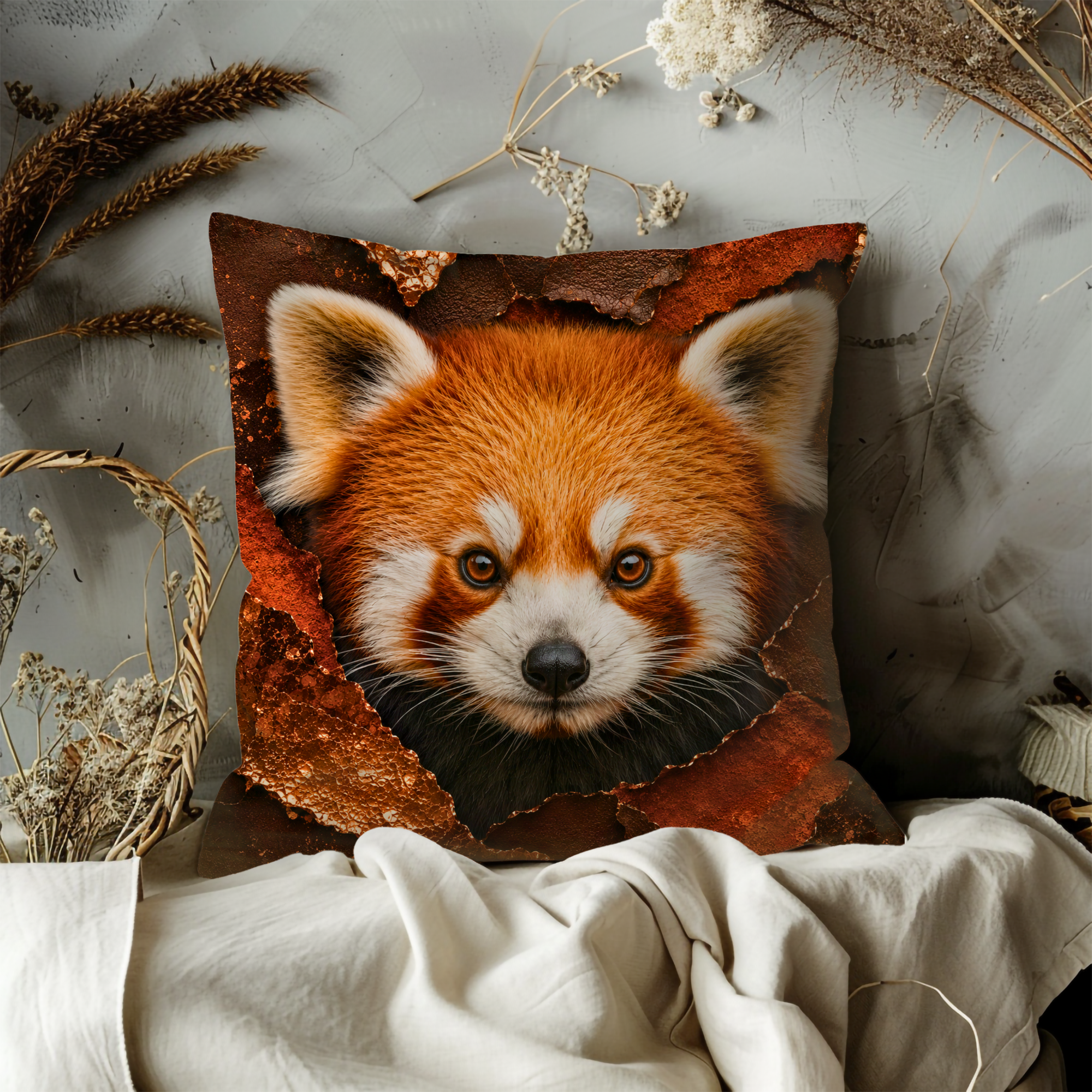Red Panda Portrait Pillow Cover | Adorable Wildlife Art | Gold Crackle Decor