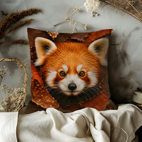 Red Panda Portrait Pillow Cover – Adorable Wildlife Art | Gold Crackle Decor