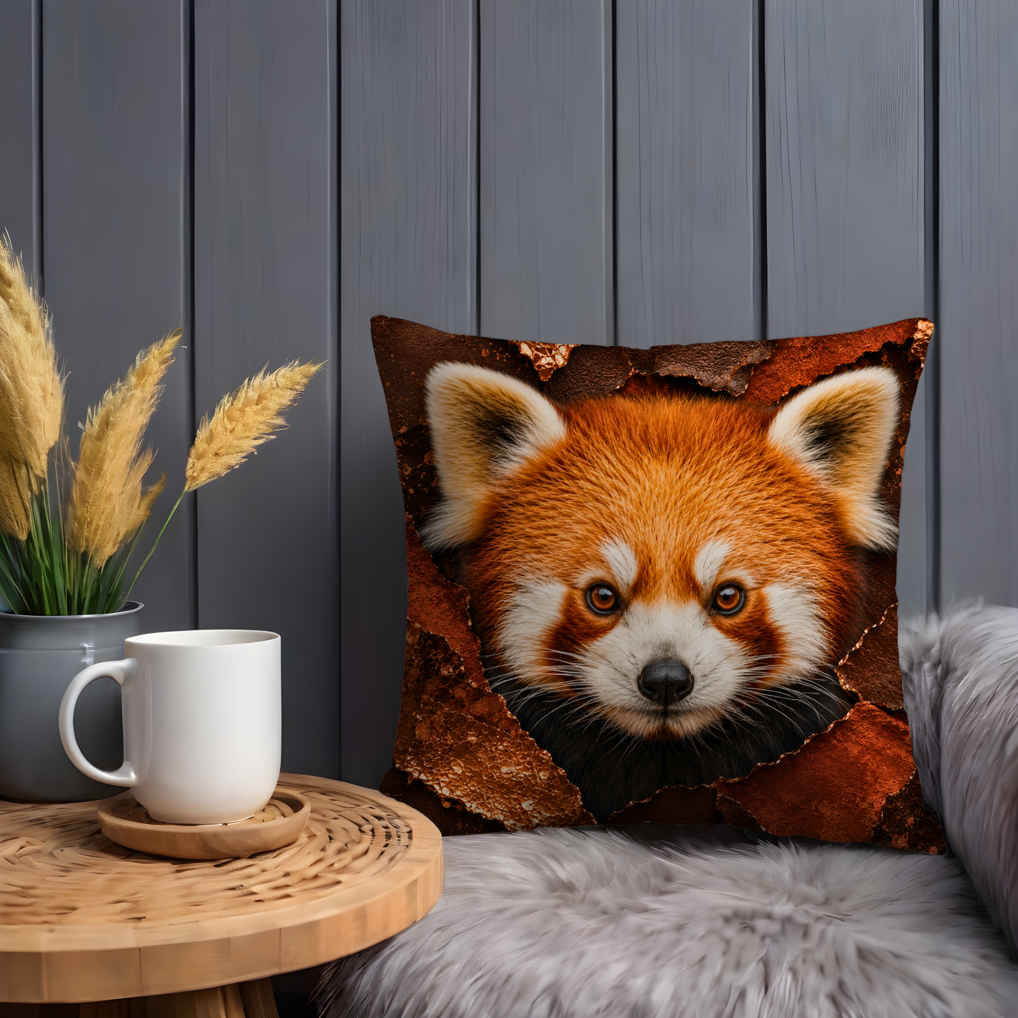 Red Panda Portrait Pillow Cover | Adorable Wildlife Art | Gold Crackle Decor