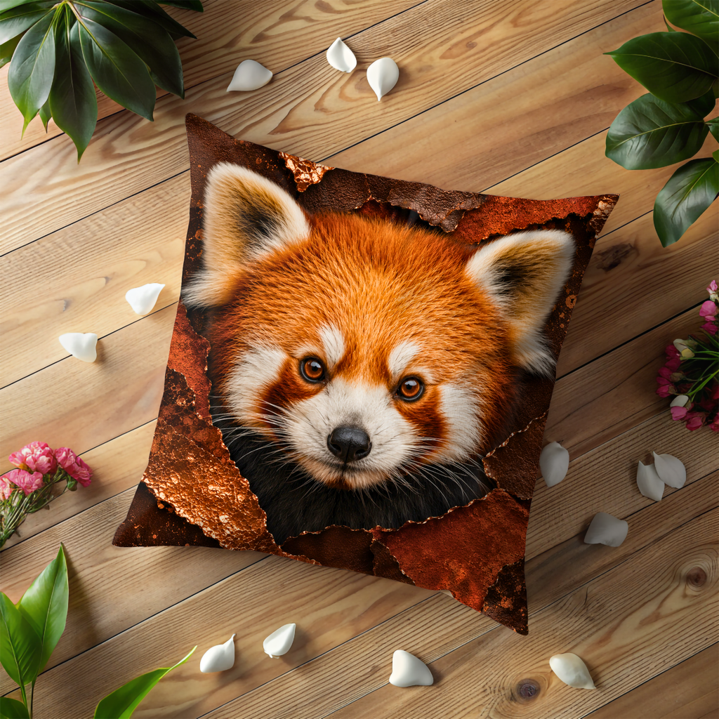 Red Panda Portrait Pillow Cover | Adorable Wildlife Art | Gold Crackle Decor