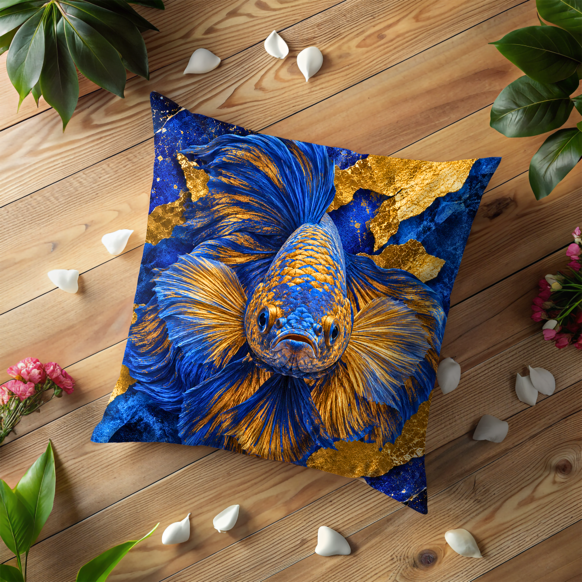 Blue Betta Fish Pillow Cover | Majestic Siamese Fighting Fish Art | Gold Crackle Decor