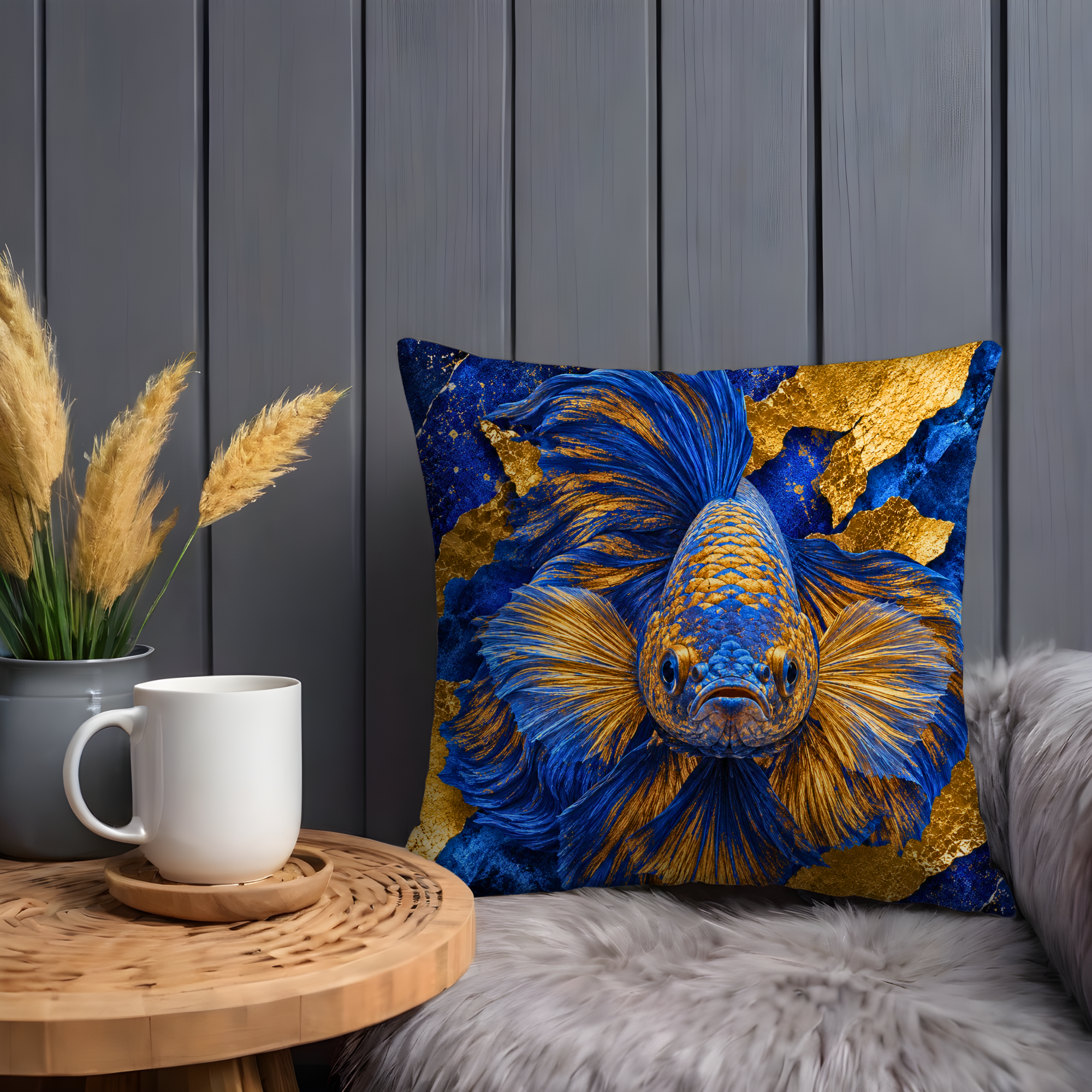 Blue Betta Fish Pillow Cover | Majestic Siamese Fighting Fish Art | Gold Crackle Decor