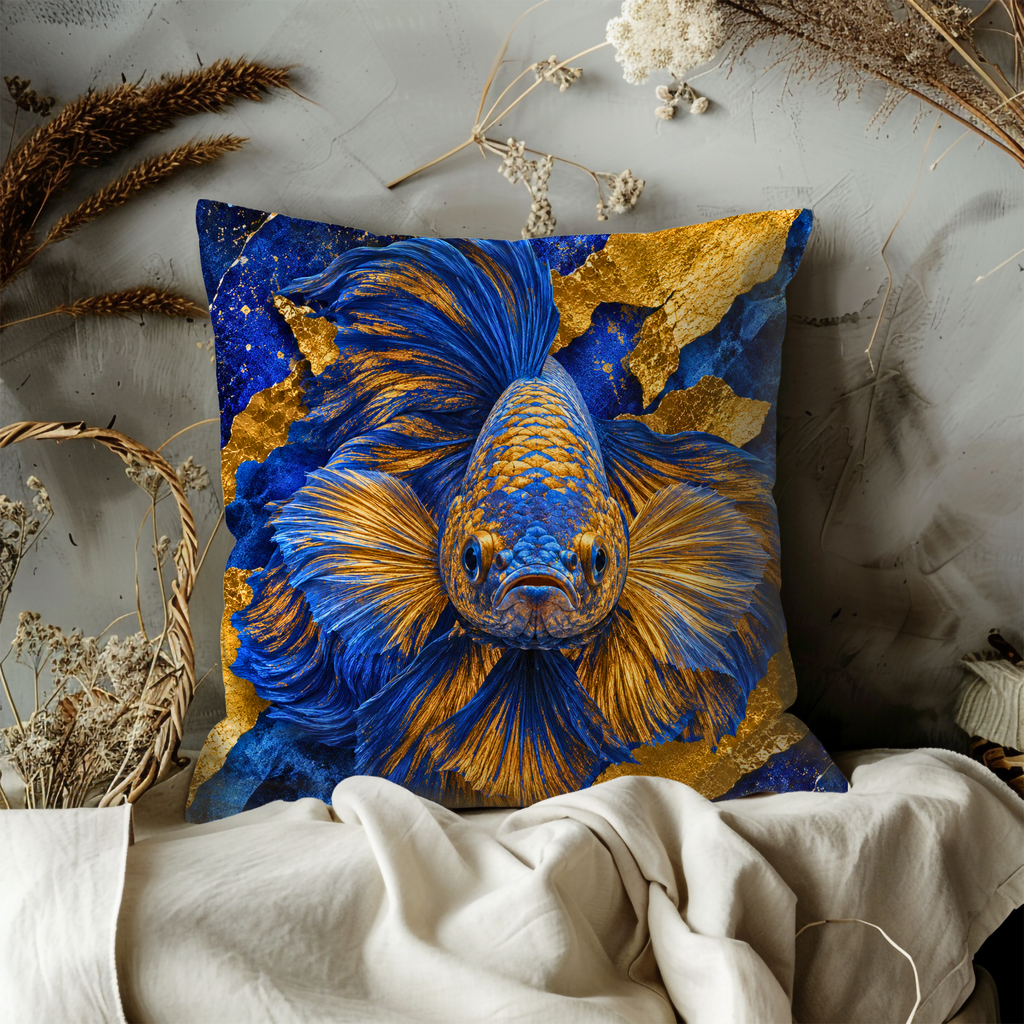 Blue Betta Fish Pillow Cover | Majestic Siamese Fighting Fish Art | Gold Crackle Decor