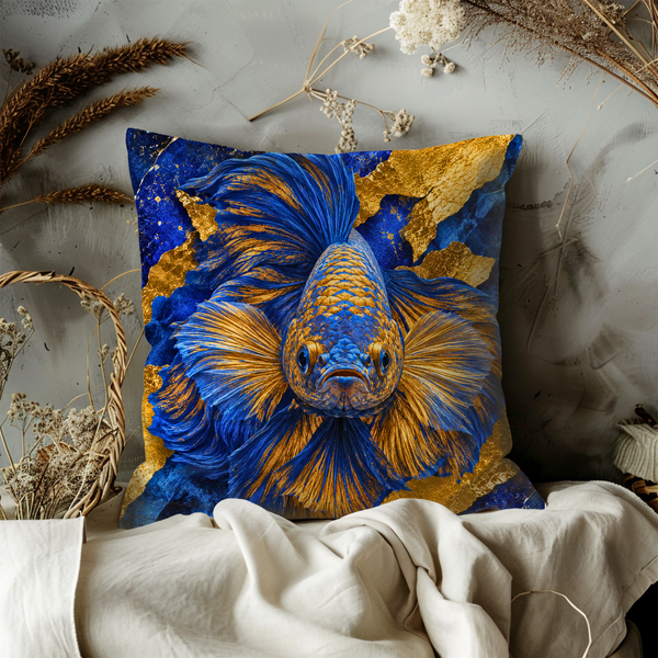 Blue Betta Fish Pillow Cover – Majestic Siamese Fighting Fish Art | Gold Crackle Decor