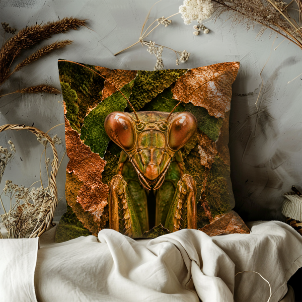 Praying Mantis Portrait Pillow Cover – Exotic Insect Art | Gold Crackle Decor