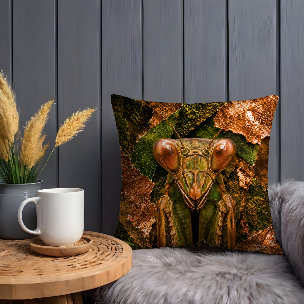 Praying Mantis Portrait Pillow Cover | Exotic Insect Art | Gold Crackle Decor