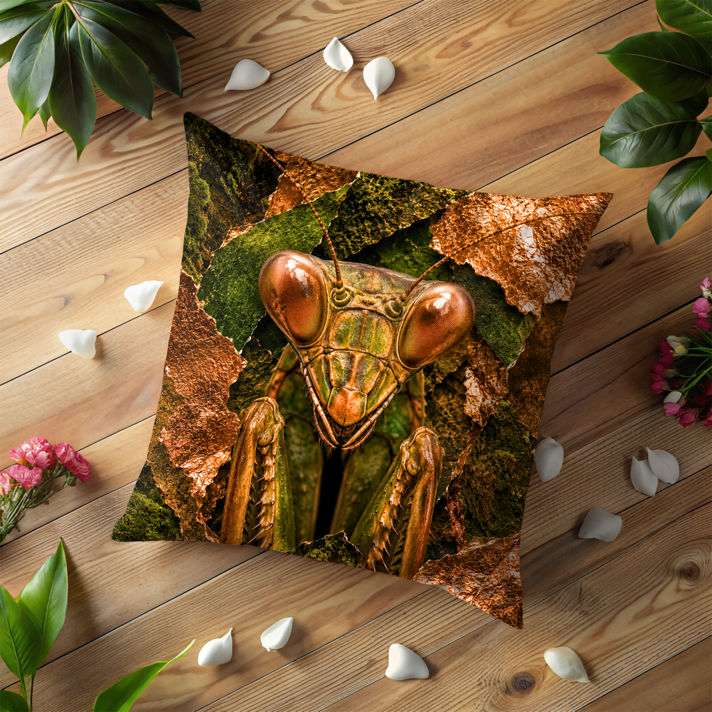 Praying Mantis Portrait Pillow Cover | Exotic Insect Art | Gold Crackle Decor