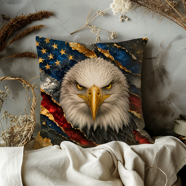 Bald Eagle Pillow Cover – Majestic American Eagle Art | Gold Crackle Decor