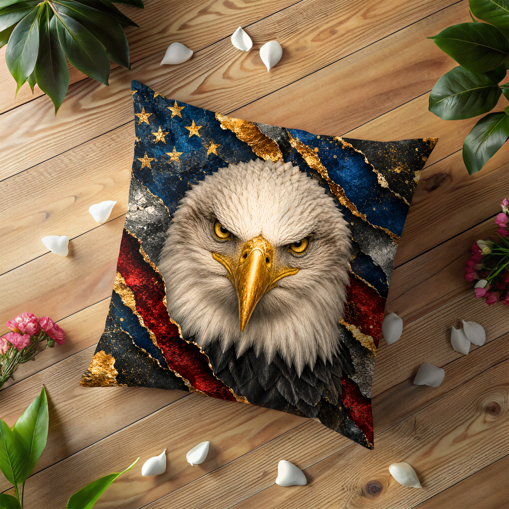 Bald Eagle Pillow Cover | Majestic American Eagle Art | Gold Crackle Decor