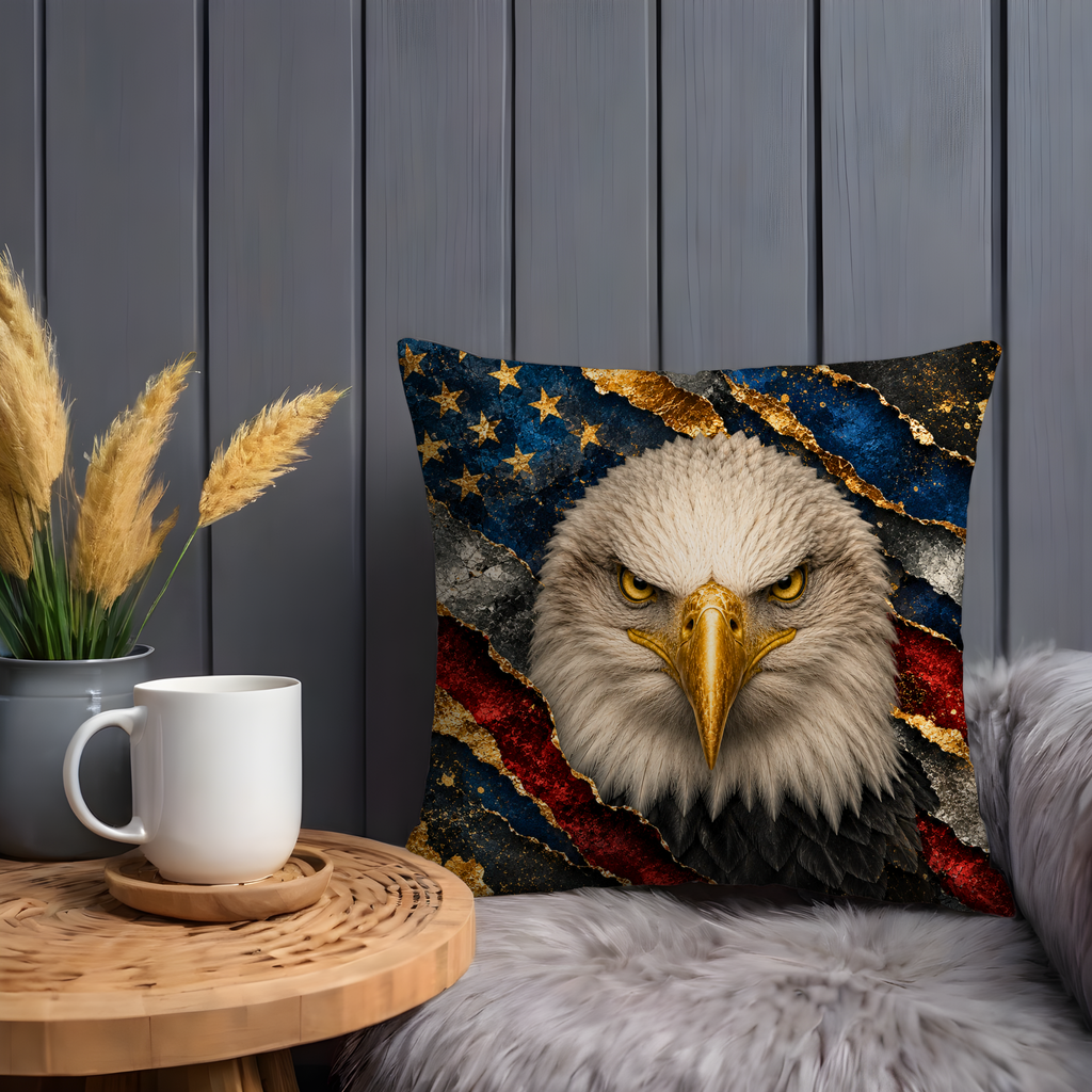 Bald Eagle Pillow Cover | Majestic American Eagle Art | Gold Crackle Decor