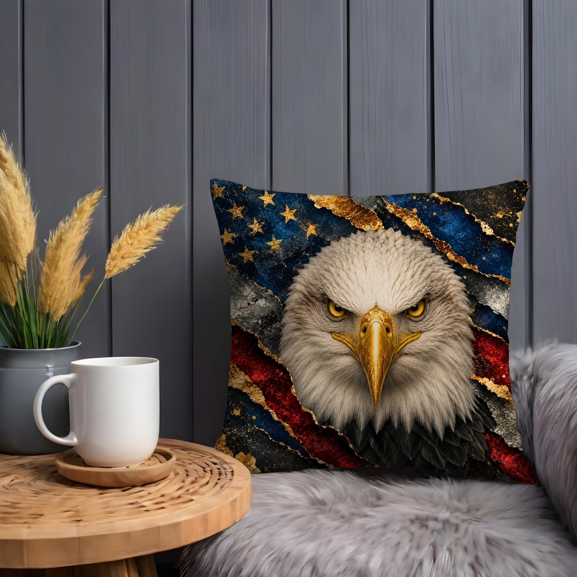 Bald Eagle Pillow Cover | Majestic American Eagle Art | Gold Crackle Decor