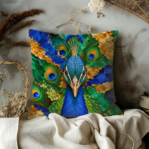 Peacock Portrait Pillow Cover – Vibrant Wildlife Art | Gold Crackle Decor