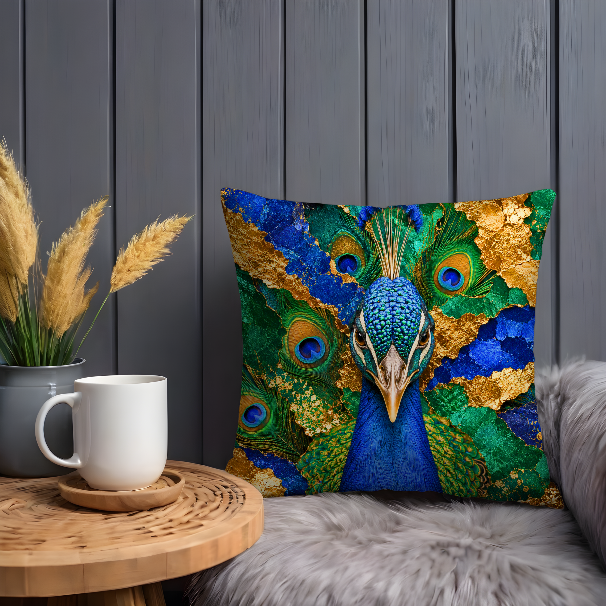 Peacock Portrait Pillow Cover | Vibrant Wildlife Art | Gold Crackle Decor