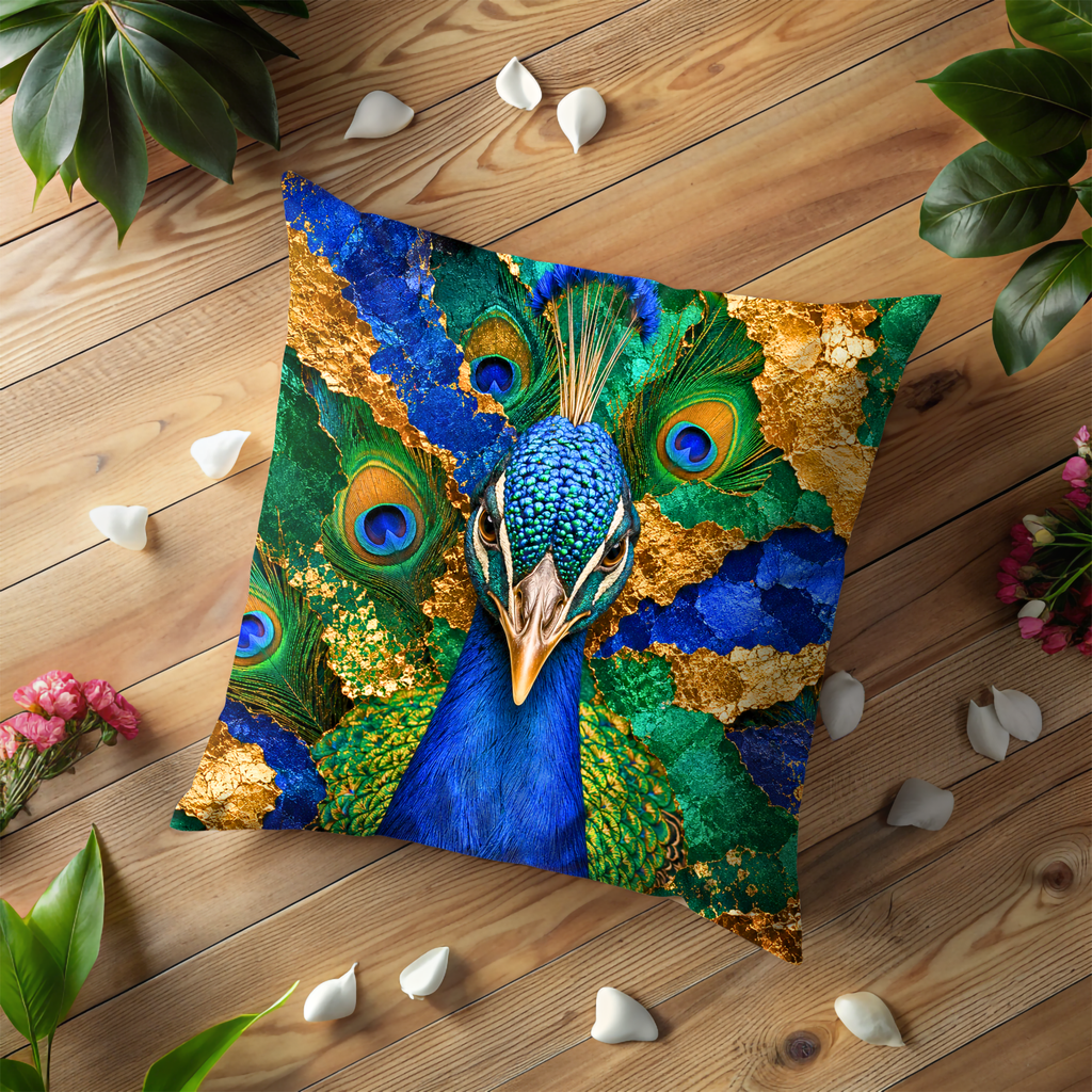 Peacock Portrait Pillow Cover | Vibrant Wildlife Art | Gold Crackle Decor