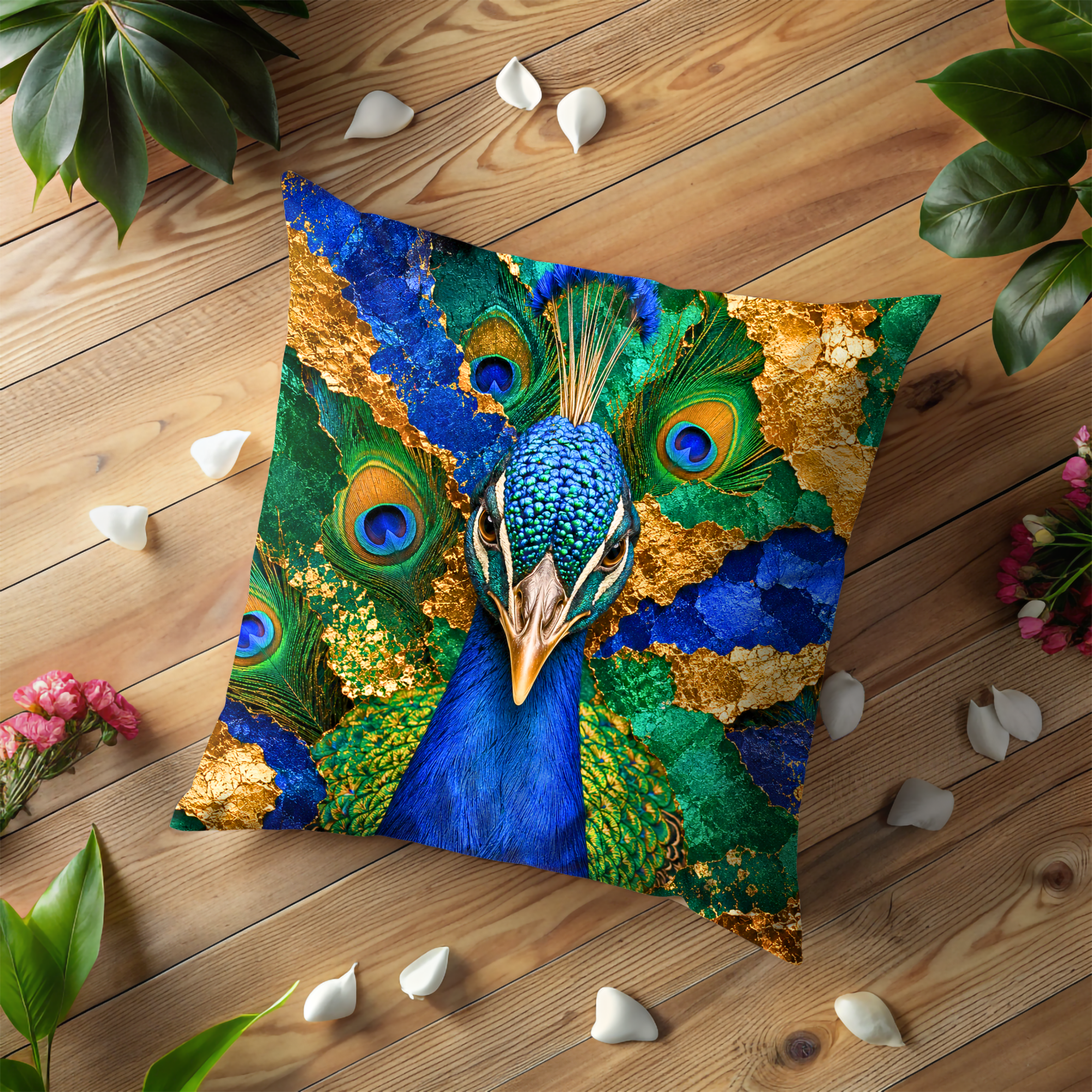 Peacock Portrait Pillow Cover | Vibrant Wildlife Art | Gold Crackle Decor