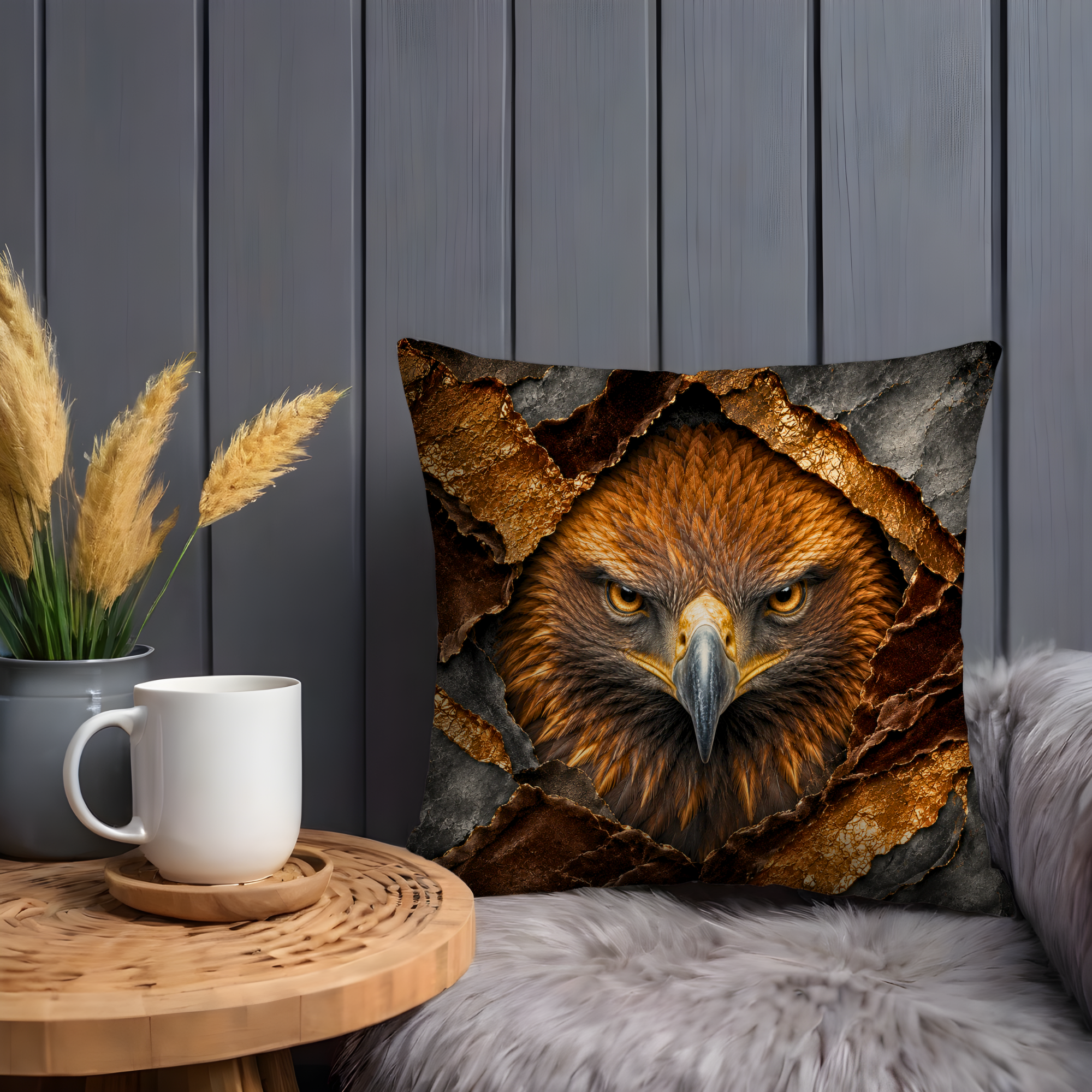 Golden Eagle Pillow Cover | Majestic Raptor Art | Gold Crackle Decor