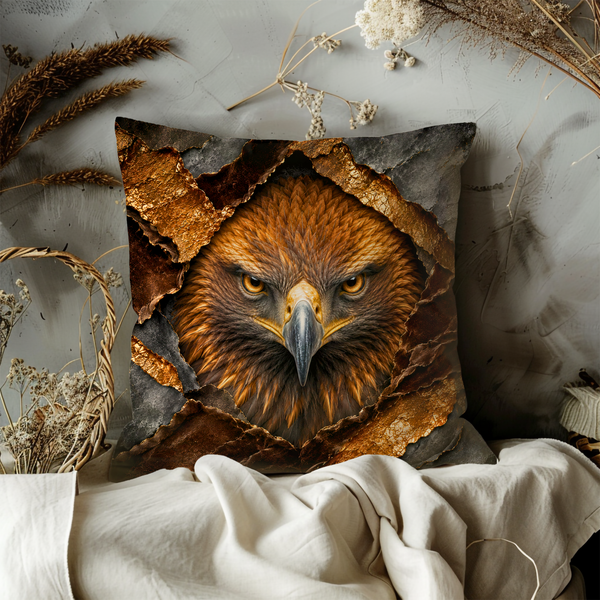 Golden Eagle Pillow Cover – Majestic Raptor Art | Gold Crackle Decor