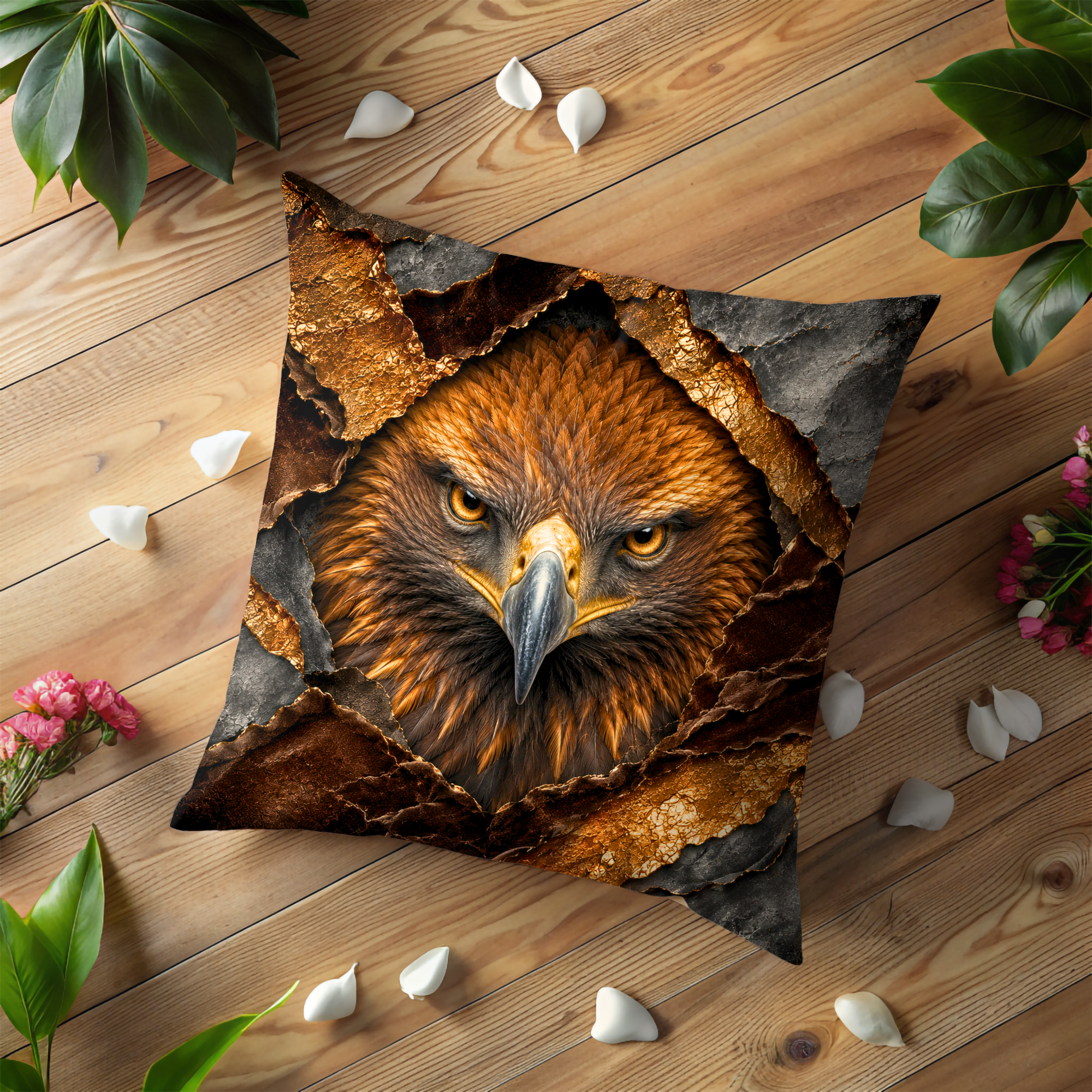 Golden Eagle Pillow Cover | Majestic Raptor Art | Gold Crackle Decor