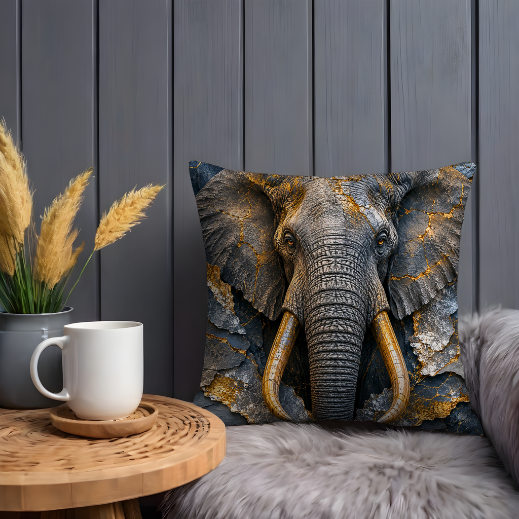 Elephant Pillow Cover | Majestic African Elephant Art | Gold Crackle Decor