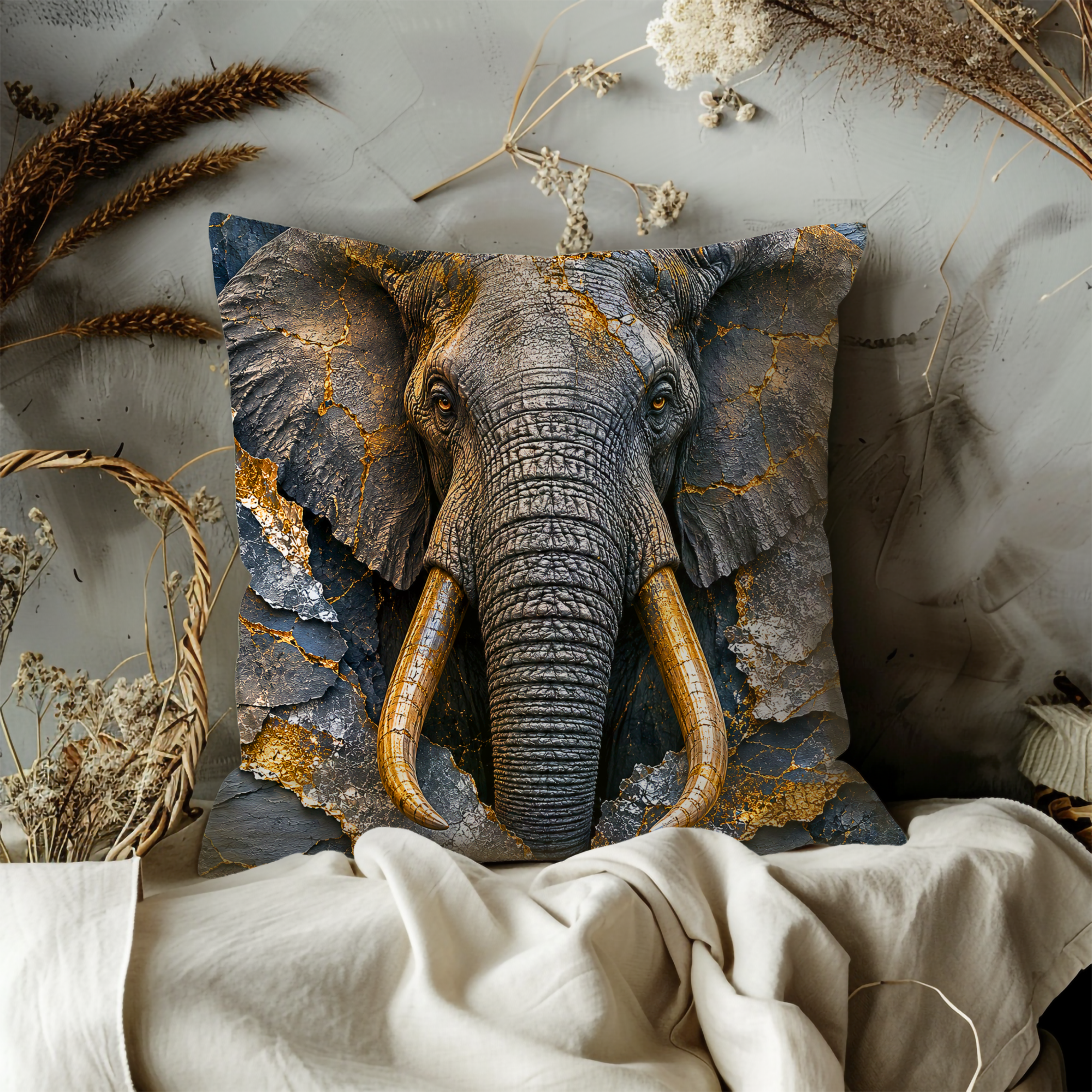 Elephant Pillow Cover | Majestic African Elephant Art | Gold Crackle Decor