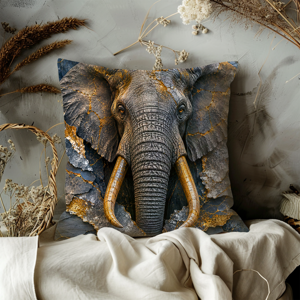 Elephant Pillow Cover – Majestic African Elephant Art | Gold Crackle Decor