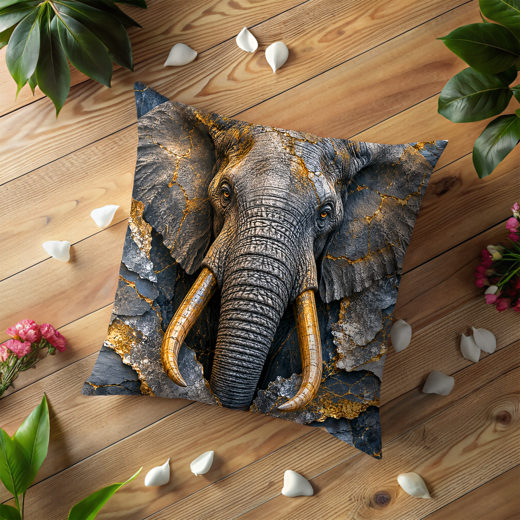 Elephant Pillow Cover | Majestic African Elephant Art | Gold Crackle Decor