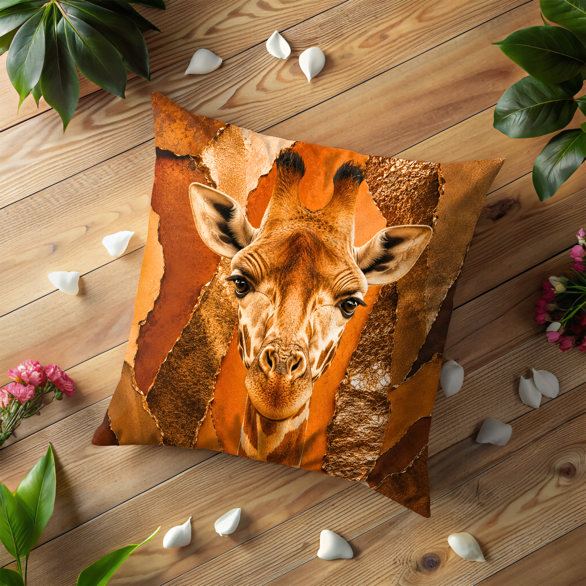 Giraffe Pillow Cover | Majestic Wildlife Art | Gold Crackle Decor