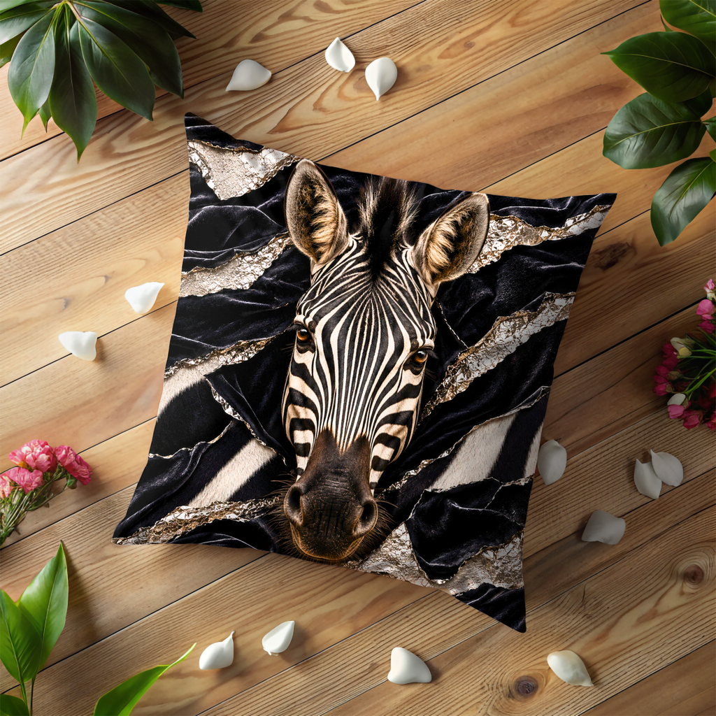 Zebra Portrait Pillow Cover | Striking Wildlife Art | Gold Crackle Decor