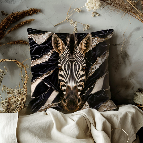 Zebra Portrait Pillow Cover – Striking Wildlife Art | Gold Crackle Decor