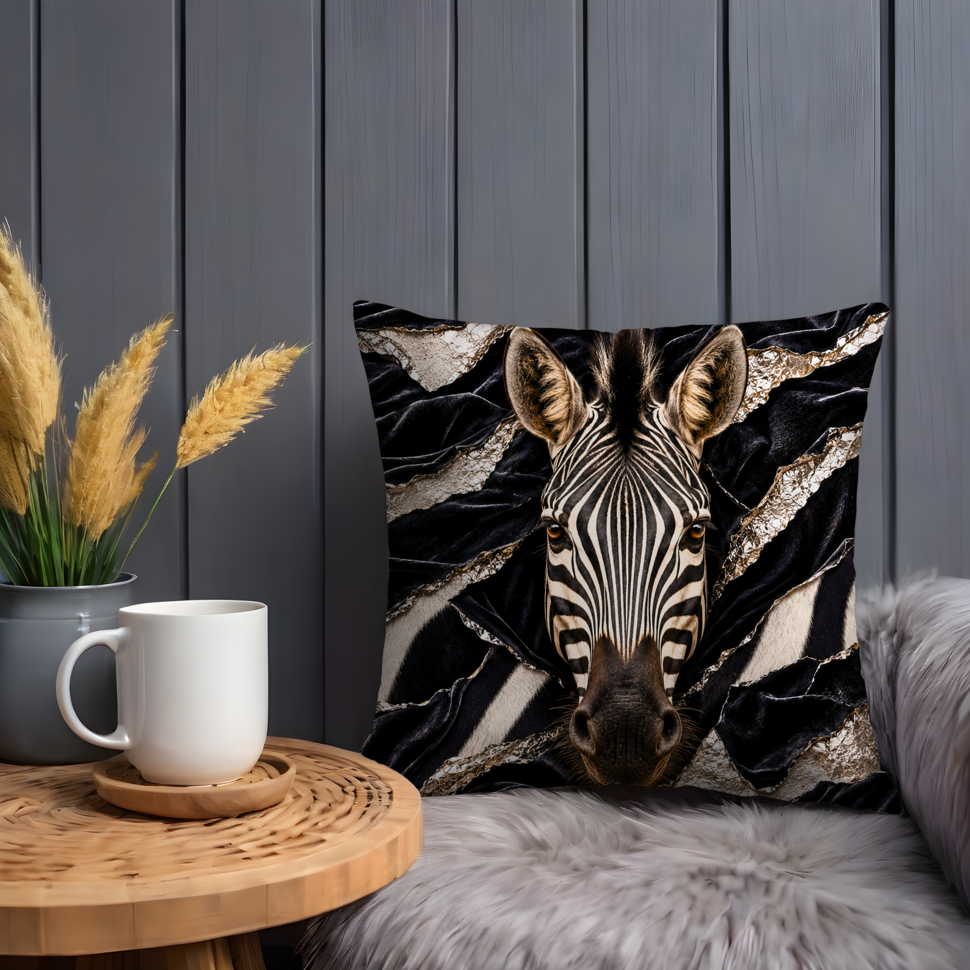 Zebra Portrait Pillow Cover | Striking Wildlife Art | Gold Crackle Decor