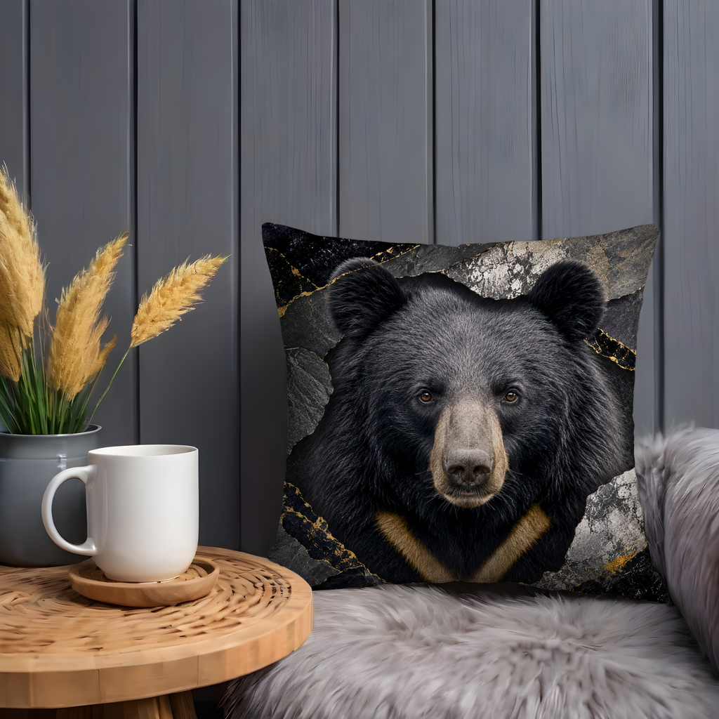 Black Bear Portrait Pillow Cover | Majestic Wildlife Art | Gold Crackle Decor
