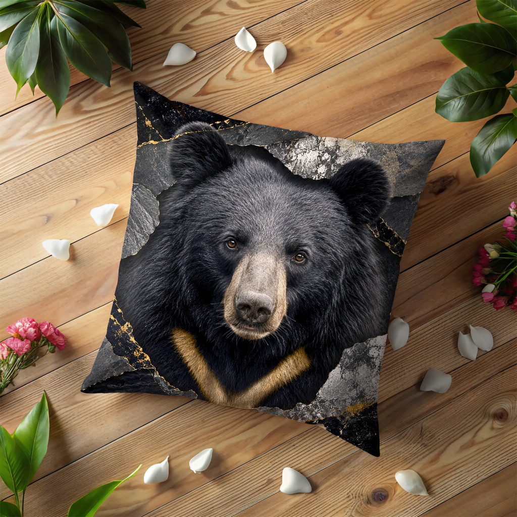Black Bear Portrait Pillow Cover | Majestic Wildlife Art | Gold Crackle Decor