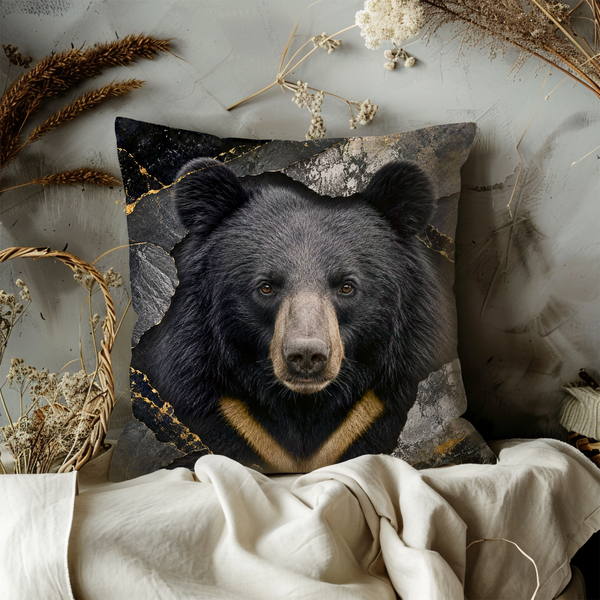 Black Bear Portrait Pillow Cover – Majestic Wildlife Art | Gold Crackle Decor